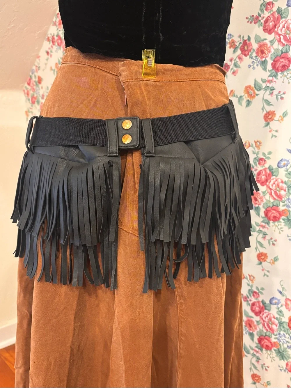 Black Fringe Hip Belt Gold Metal Goth Western Cowgirl Costume